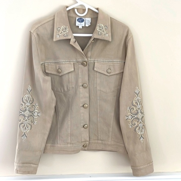 DIANE GILMAN Tan Embellished Gold Studded Denim Jacket M NWOT - Picture 1 of 9